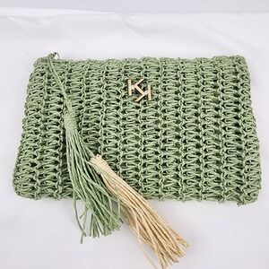 Kiko Milano Green and me Woven makeup bag clutch with zipper‎ tassel Cork Cotton